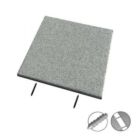 Graue Terrassenplatte aus Kautschuk mit 2 Löchern für Plastikstifte.